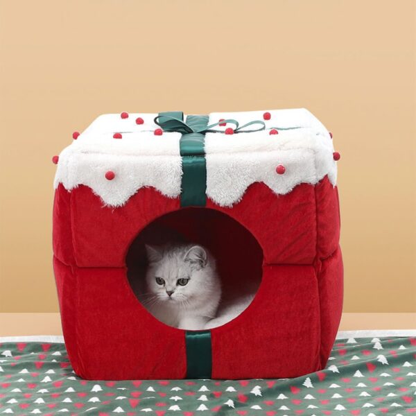 Christmas Gift Box Warm Sleeping Semi-Enclosed Cave Dog & Cat Bed - Image 3