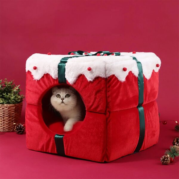 Christmas Gift Box Warm Sleeping Semi-Enclosed Cave Dog & Cat Bed - Image 2